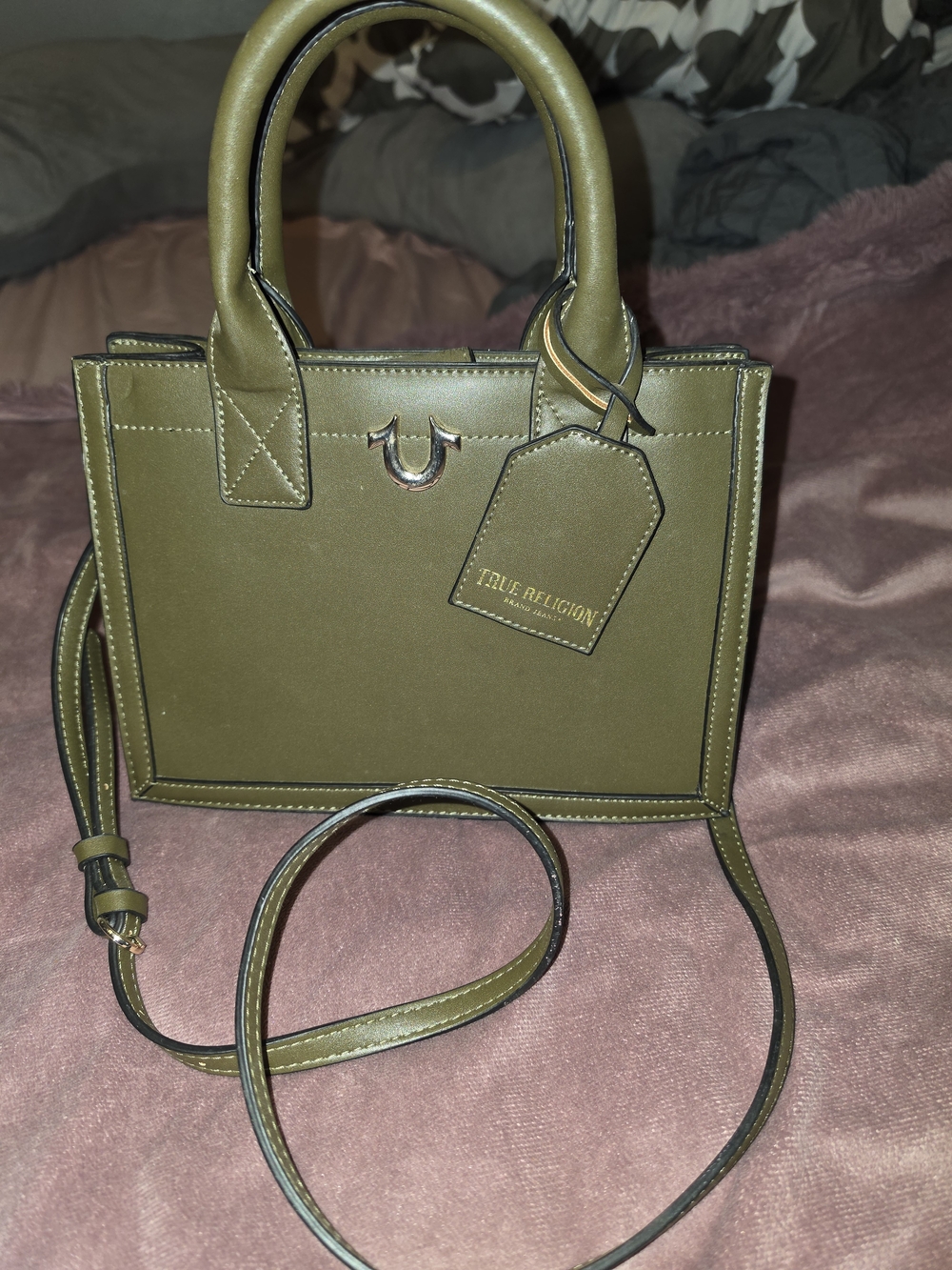 True Religion Olive Green Leather Crossbody Tote